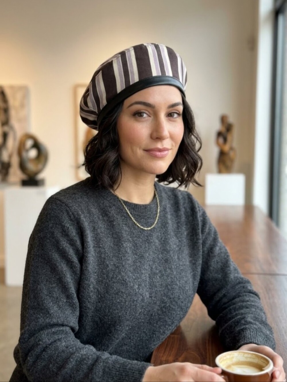 Handmade Cotton Canvas Striped Beret With Black Genuine Leather Accents